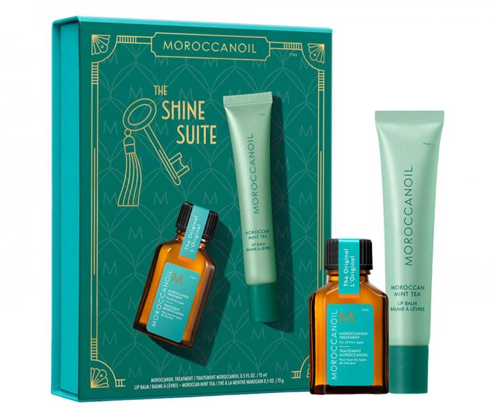 D�rkov� sada olejov� p��e a balz�mu na rty Moroccanoil The Shine Suite Moroccan Mint Tea Lip Balm Gift Set