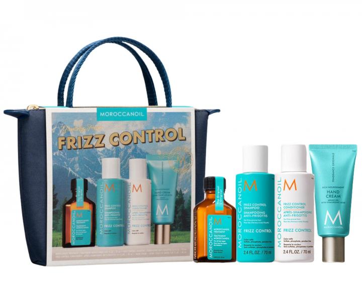 Cestovn� sada pro uhlazen� krepat�ch vlas� Moroccanoil Greetings From Frizz Control + kr�m na ruce a ta�ti�ka zdarma