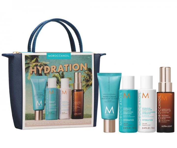 Cestovn� sada pro hydrataci vlas� Moroccanoil Greetings From Hydration + kr�m na ruce a ta�ti�ka zdarma