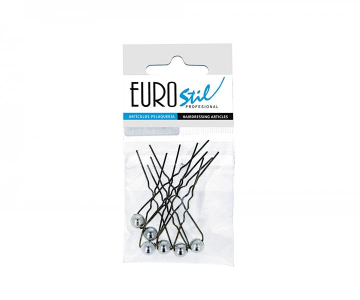 Vlnitá vlásenka se stříbrnou perličkou Eurostil Profesional - 6 cm, černá - 6 ks