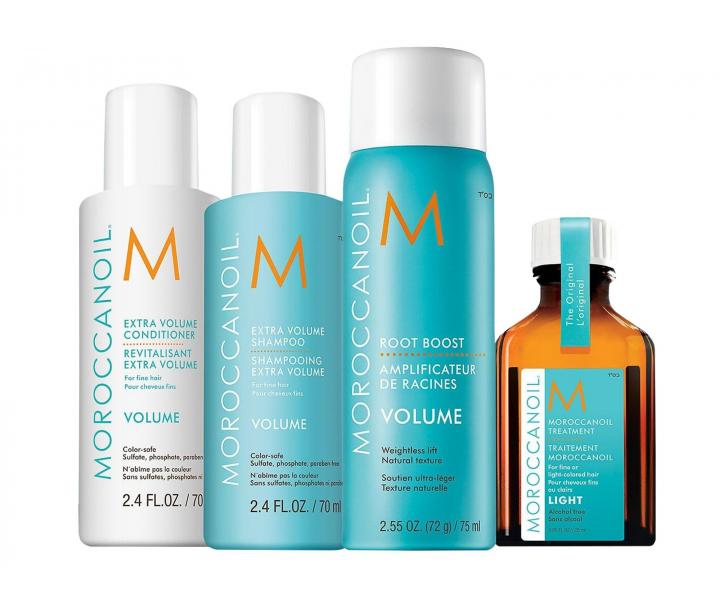 Cestovní balíček pro objem vlasů Moroccanoil Volume Takes Flight + zdarma semišová taštička