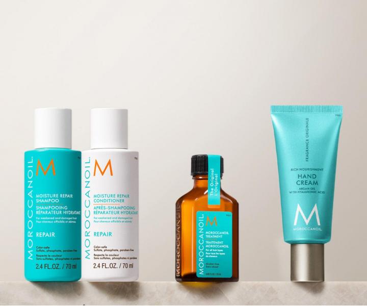 Cestovn� sada pro regeneraci such�ch vlas� Moroccanoil Greetings From Repair + kr�m na ruce a ta�ti�ka zdarma