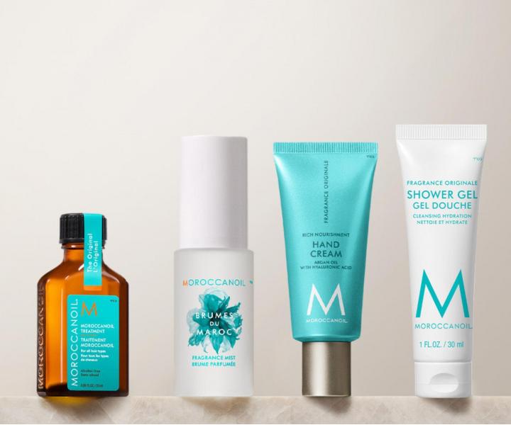 Cestovn� sada pro p��i o t�lo a vlasy Moroccanoil Greetings From The Body Collection + kr�m na ruce a ta�ti�ka zdarma