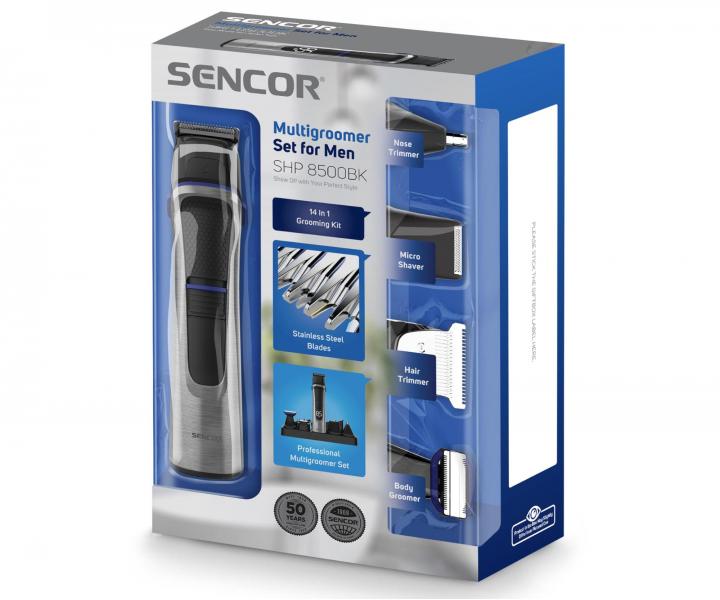 Multifunkční zastřihovač vlasů, vousů a celého těla Sencor Multigroomer Set for Men SHP 8500BK - stříbrný