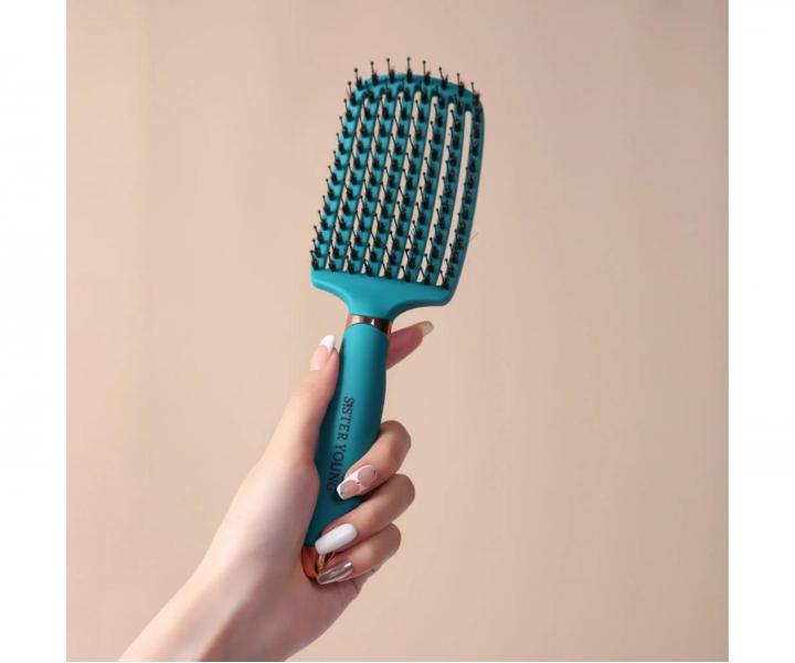 Kart�� na roz�es�v�n� a fouk�n� vlas� s kan��mi a nylonov�mi �t�tinami Sister Young Ovia Hair Brush - tmav� zelen�