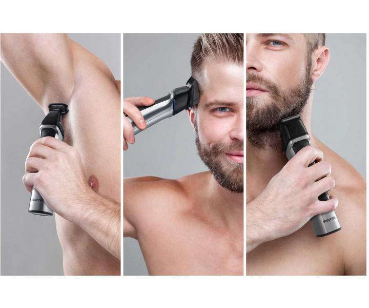 Multifunkční zastřihovač vlasů, vousů a celého těla Sencor Multigroomer Set for Men SHP 8500BK - stříbrný