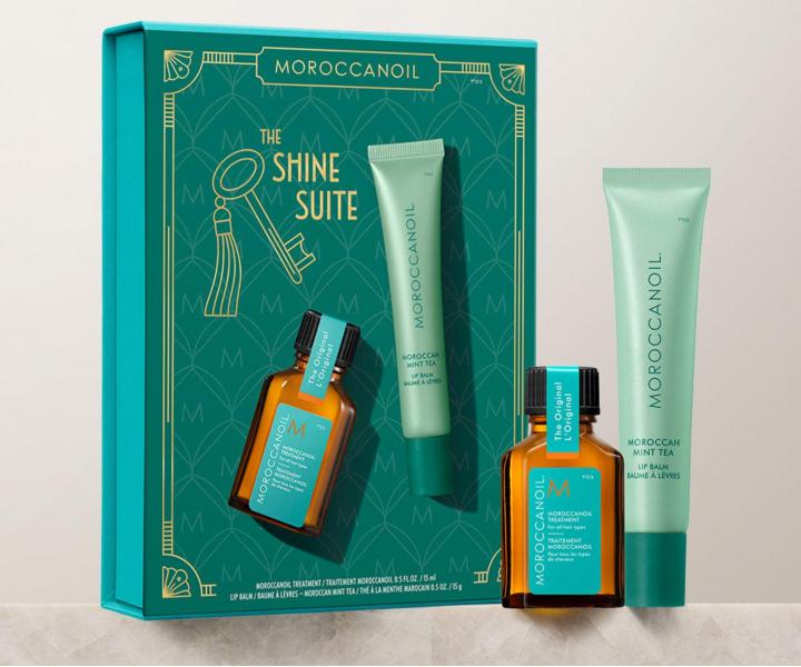 D�rkov� sada olejov� p��e a balz�mu na rty Moroccanoil The Shine Suite Moroccan Mint Tea Lip Balm Gift Set