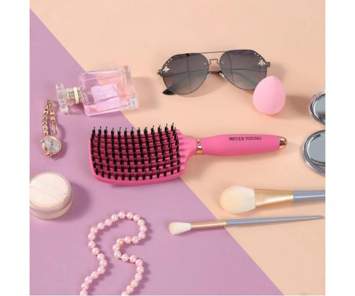Kart�� na roz�es�v�n� a fouk�n� vlas� s kan��mi a nylonov�mi �t�tinami Sister Young Ovia Hair Brush - tmav� r��ov�