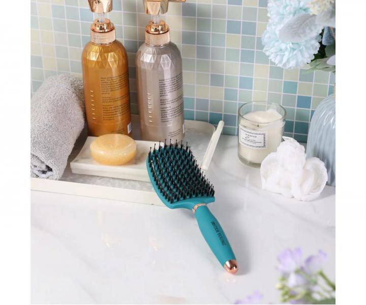 Kart�� na roz�es�v�n� a fouk�n� vlas� s kan��mi a nylonov�mi �t�tinami Sister Young Ovia Hair Brush - tmav� zelen�