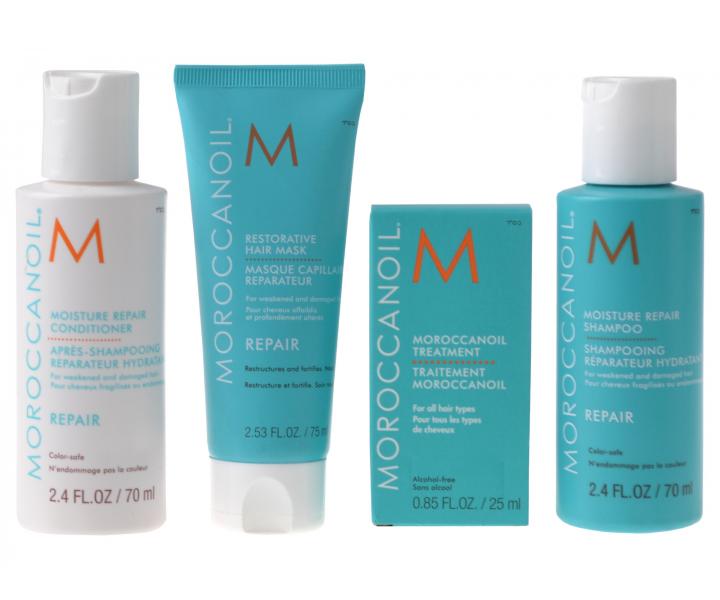 Cestovní balíček pro regeneraci vlasů Moroccanoil Repair Takes Flight + zdarma semišová tastička