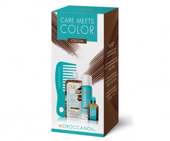 Sada pro oiven vlas Moroccanoil Care Meets Color Cocoa - heben, maska, such ampon, olej