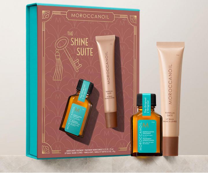 D�rkov� sada olejov� p��e a balz�mu na rty Moroccanoil The Shine Suite Vanilla Date Tinted Lip Balm Gift Set