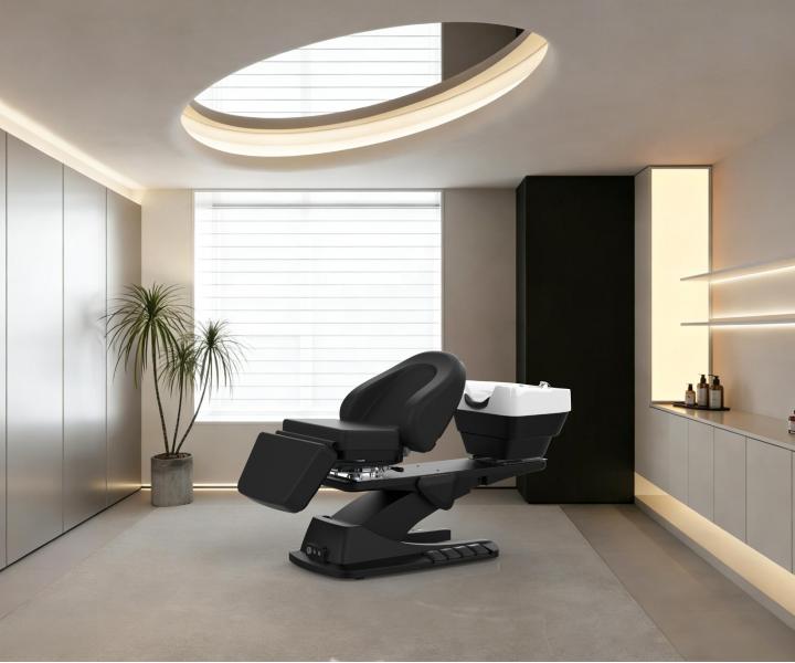 Luxusn� kade�nick� elektricky polohovateln� myc� box s oto�n�m k�eslem SilverFox 6001B - �ern�, b�l� umyvadlo