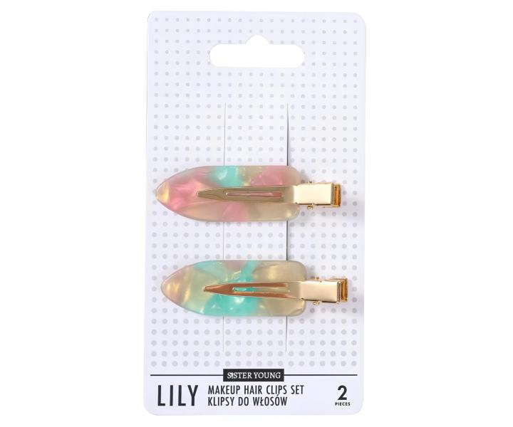 Spony do vlas� s podlo�kami Sister Young Lily Makeup Hair Clips Set - 6 cm, 2 ks - r��ovo-zelen�