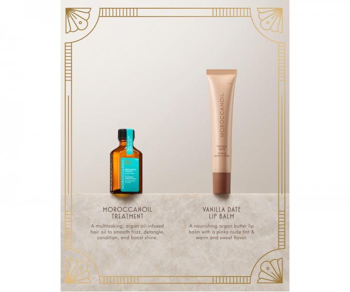 D�rkov� sada olejov� p��e a balz�mu na rty Moroccanoil The Shine Suite Vanilla Date Tinted Lip Balm Gift Set